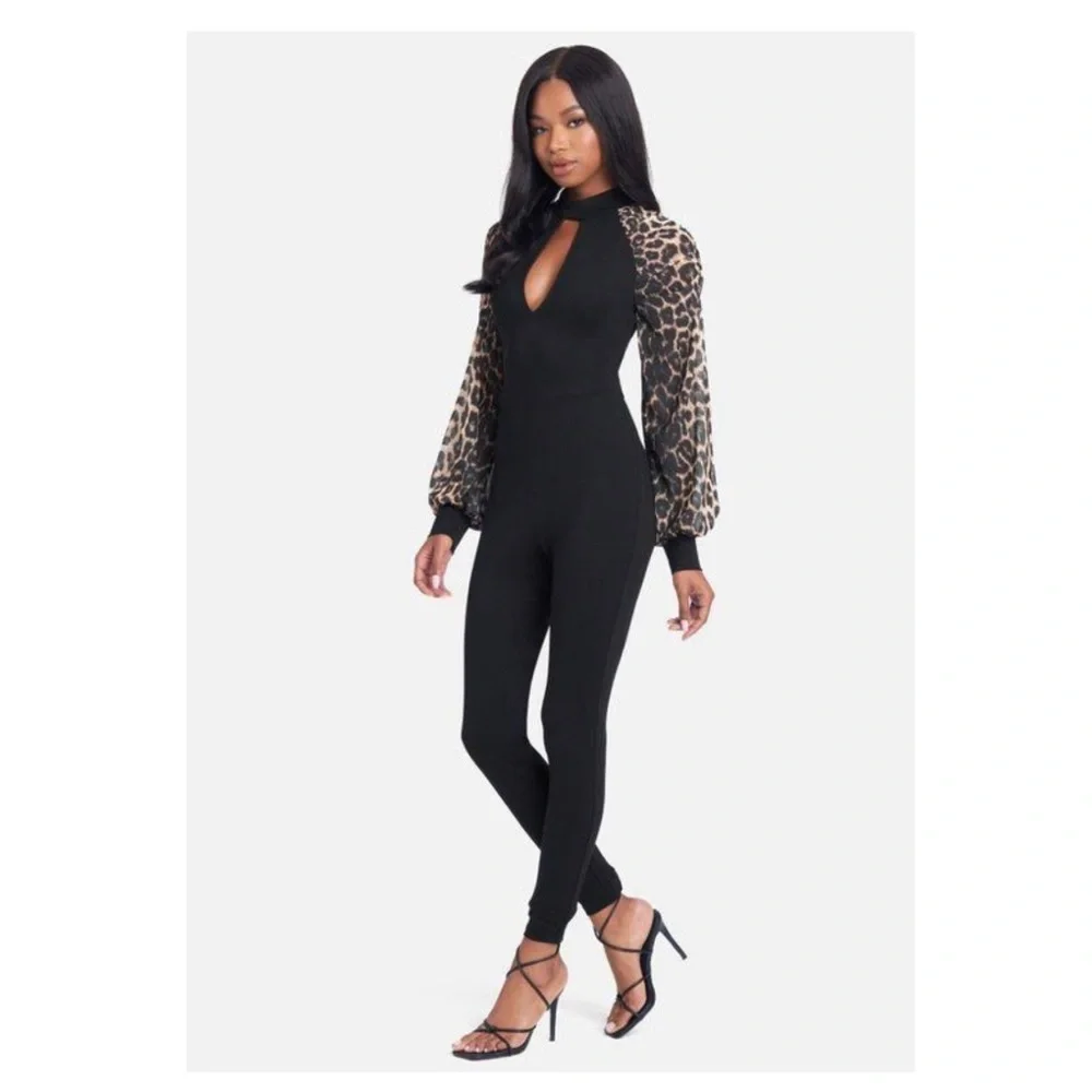 NWT Bebe Leopard PRINTPUFF SLEEVE CATSUIT SzM - Picture 4 of 10